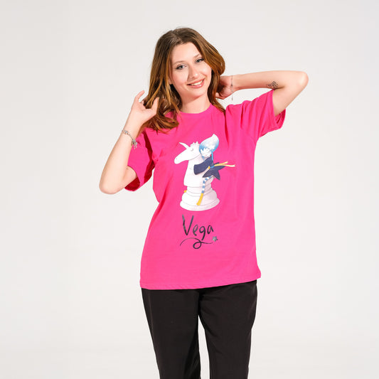 Fuşya Bisiklet Yaka Vega Baskılı Tişört