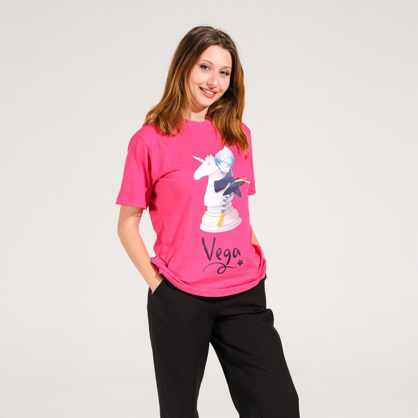 Fuşya Bisiklet Yaka Vega Baskılı Tişört