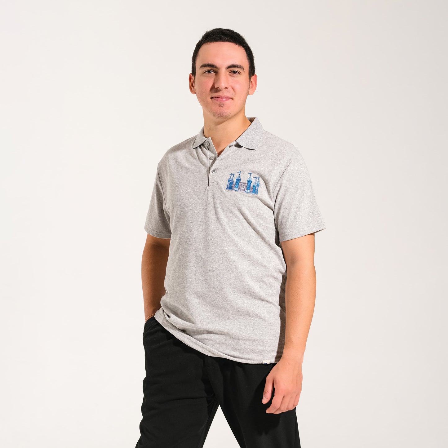 Şato Çizimli Polo Yaka Gri Tişört